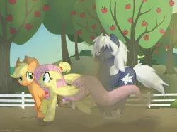 Size: 1160x861 | Tagged: safe, artist:faith-wolff, derpibooru import, applejack, fluttershy, ponified, earth pony, kaiju pony, pegasus, pony, fanfic:the bridge, apple tree, crossover, dust, fanfic art, female, galloping, godzilla (series), male, mare, read in beast wars megatron's voice, spacegodzilla, stallion, tree, tricorn, trio, xenilla