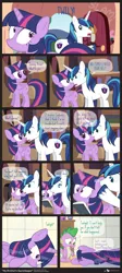 Size: 950x2125 | Tagged: safe, artist:dm29, derpibooru import, flash sentry, shining armor, spike, twilight sparkle, twilight sparkle (alicorn), alicorn, pony, bloodshot eyes, cleaning product, comic, cross-eyed, eye contact, female, frown, magic, mare, reading, shower, shower of angst, side, smiling, trio, wet mane, wide eyes, yelling