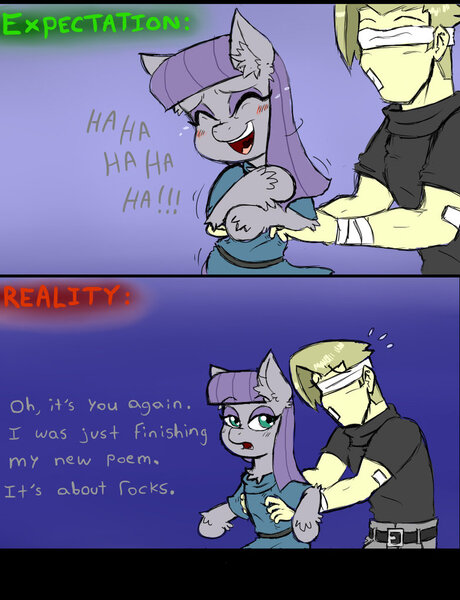 Size: 783x1021 | Tagged: artist:ichibangravity, bandage, ear fluff, expectation vs reality, maud pie, oc, oc:anon, out of character, safe, tickling, unshorn fetlocks