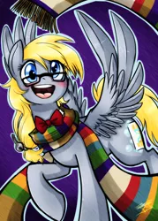 Size: 1280x1792 | Tagged: safe, artist:jitterbugjive, artist:victriaofargus, derpibooru import, edit, derpy hooves, pegasus, pony, blushing, clothes, doctor derpy, doctor who, female, glasses, mare, scarf, solo, tardis key, time lady, wrong eye color