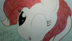 Size: 1024x576 | Tagged: safe, artist:macroscopicponies, derpibooru import, oc, oc:peppermint pattie, unofficial characters only, solo, tongue out, traditional art, wink