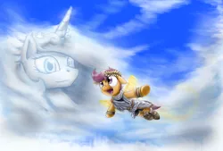 Size: 4423x2988 | Tagged: artist:otakuap, clothes, cloud, cloudy, derpibooru import, flying, kid icarus, kid icarus: uprising, laurel, laurel wreath, nintendo, pit (kid icarus), princess celestia, safe, scootaloo, toga