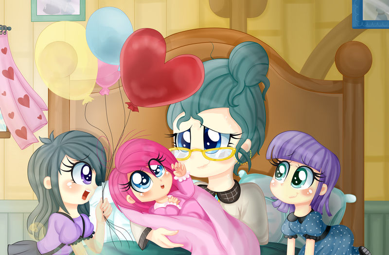 Size: 2602x1712 | Tagged: artist:lucy-tan, balloon, clothes, cloudy quartz, cute, dress, glasses, human, humanized, marble pie, maud pie, pinkie pie, safe, skirt, younger