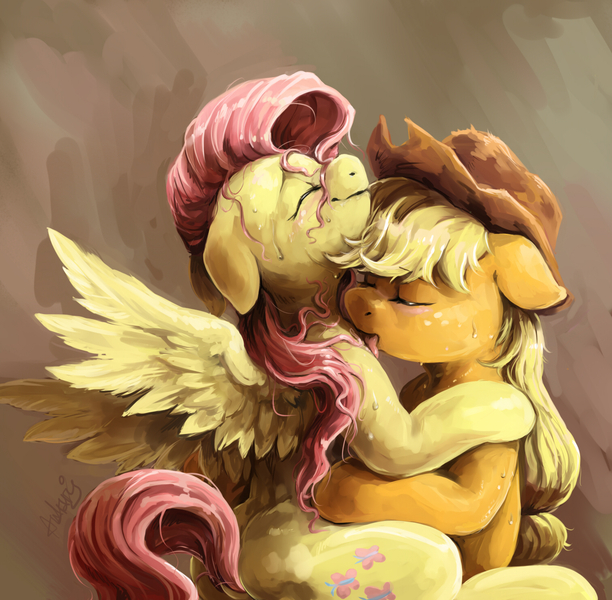 Size: 1508x1478 | Tagged: questionable, artist:audrarius, derpibooru import, applejack, fluttershy, earth pony, pegasus, pony, appleshy, blushing, eyes closed, female, hug, lesbian, licking, mare, messy mane, shipping, sitting, spread wings, sweat