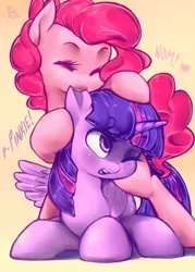 Size: 679x950 | Tagged: safe, artist:phurie edits, derpibooru import, edit, pinkie pie, twilight sparkle, twilight sparkle (alicorn), alicorn, pony, bipedal, blushing, cute, diapinkes, ear bite, eyes closed, female, heart, lesbian, mare, nom, open mouth, prone, shipping, smiling, twinkie, wink