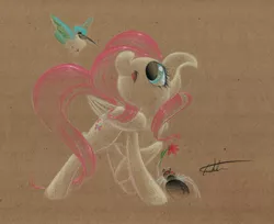 Size: 1280x1045 | Tagged: artist:getchanoodlewet, bird, derpibooru import, fluttershy, hummingbird, hummingway, safe, solo, spider, traditional art