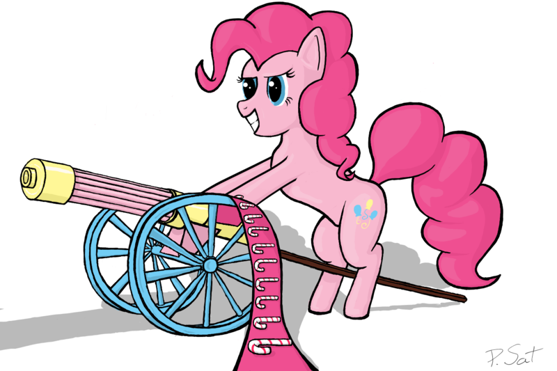 Size: 1500x1000 | Tagged: artist:dappercat-uk, candy cane, derpibooru import, gun, minigun, partillery, pinkie pie, safe, solo