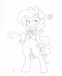 Size: 957x1173 | Tagged: safe, artist:joey darkmeat, derpibooru import, pinkie pie, pony, belly button, bipedal, bottomless, bowtie, card, clothes, lineart, monochrome, performer, solo, traditional art