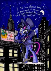 Size: 1280x1768 | Tagged: safe, artist:newyorkx3, derpibooru import, twilight sparkle, twilight sparkle (alicorn), alicorn, pony, big apple ponycon, bipedal, city, female, frank sinatra, hat, mare, microphone, new york, night, singing, solo, song reference, traditional art