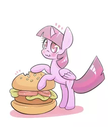 Size: 1200x1400 | Tagged: safe, artist:joycall6, derpibooru import, twilight sparkle, twilight sparkle (alicorn), alicorn, pony, :3, burger, female, food, mare, micro, omnivore twilight, ponies eating meat, solo, that pony sure does love burgers, this will end in weight gain, twilight burgkle