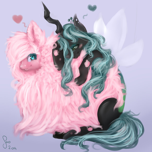 Size: 2000x2000 | Tagged: artist:saoiirse, beautiful, changeling, chrysipuff, derpibooru import, female, fluffy, lesbian, oc, oc:fluffle puff, queen chrysalis, safe, shipping