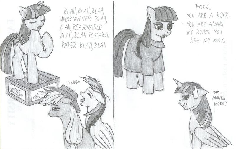 Size: 1712x1085 | Tagged: safe, artist:tectorman, derpibooru import, applejack, maud pie, rainbow dash, twilight sparkle, twilight sparkle (alicorn), alicorn, pony, bored, comic, female, literal soapbox, mare, monochrome, soapbox, traditional art, yawn