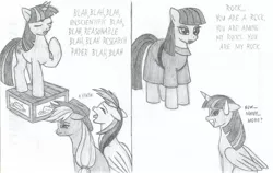 Size: 1712x1085 | Tagged: safe, artist:tectorman, derpibooru import, applejack, maud pie, rainbow dash, twilight sparkle, twilight sparkle (alicorn), alicorn, pony, bored, comic, female, literal soapbox, mare, monochrome, soapbox, traditional art, yawn