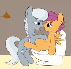 Size: 917x895 | Tagged: suggestive, artist:mcsadat, derpibooru import, edit, scootaloo, silver spoon, bedroom eyes, boop, drool, drool string, female, floppy ears, foalcon, kissing, lesbian, noseboop, open mouth, sitting, smiling, spoonaloo, stall, toilet, tongue out