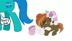 Size: 1024x582 | Tagged: artist:1231redflame, buttongate, button mash, crying, derpibooru import, drama, female, hasbro, hug, lucifer hasbro, male, ponified, safe, shipping, straight, sweetie belle, sweetiemash