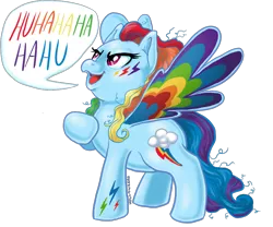 Size: 900x750 | Tagged: artist:hollowzero, colored wings, derpibooru import, fat angry rainbow dash, laughing, multicolored wings, rainbow dash, rainbow dash always dresses in style, rainbow power, rainbow wings, safe, solo, toy