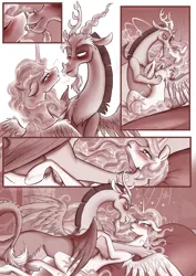 Size: 850x1202 | Tagged: suggestive, artist:stepandy, derpibooru import, discord, princess celestia, comic:mark of chaos, bed, bedroom eyes, blushing, comic, cuddling, dislestia, drool, drool string, eye contact, female, floppy ears, imminent sex, kissing, male, monochrome, on back, open mouth, panting, pillow, realistic horse legs, shipping, smiling, snuggling, spread wings, straight, tongue out