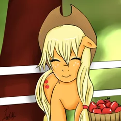 Size: 600x600 | Tagged: apple, applejack, artist:lolikko, derpibooru import, eyes closed, fence, floppy ears, food, safe, solo