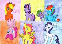 Size: 3509x2481 | Tagged: safe, artist:hollsterweelskitty, derpibooru import, applejack, fluttershy, pinkie pie, rainbow dash, rarity, spike, twilight sparkle, twilight sparkle (alicorn), alicorn, pony, female, mane seven, mane six, mare, traditional art