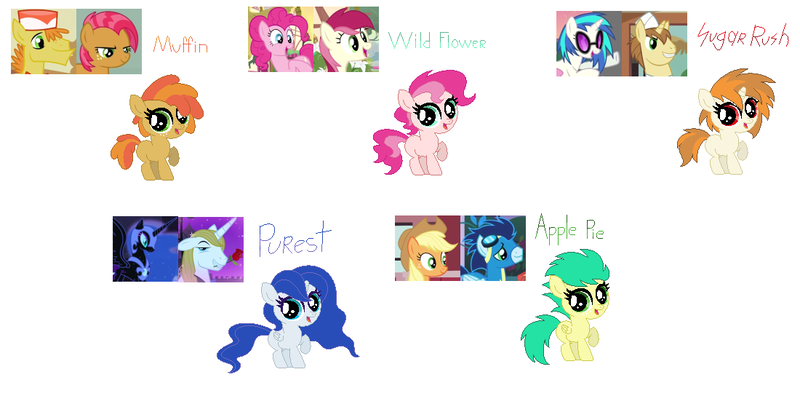 Size: 1100x544 | Tagged: safe, artist:unoriginai, derpibooru import, applejack, babs seed, carrot cake, donut joe, nightmare moon, pinkie pie, prince blueblood, roseluck, soarin', vinyl scratch, oc, oc:apple pie, oc:muffin, oc:purest, oc:sugar rush, oc:wild flower, alicorn, pegasus, pony, unicorn, adoptable, adopted, alicorn oc, cute, magical lesbian spawn, offspring, parent:applejack, parent:babs seed, parent:carrot cake, parent:donut joe, parent:nightmare moon, parent:pinkie pie, parent:prince blueblood, parent:roseluck, parent:soarin', parent:vinyl scratch, parents:soarinjack