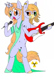 Size: 1000x1415 | Tagged: suggestive, artist:engineeer052, derpibooru import, oc, oc:lullaby, oc:symphony, unofficial characters only, bicorn, bedroom eyes, conjoined, conjoined twins, gritted teeth, guitar, heterochromia, lullaby and symphony, microphone, multiple arms, multiple heads, multiple horns, musician, not salmon, open mouth, singing, smiling, tongue out, twin sisters, wat, why, wide eyes