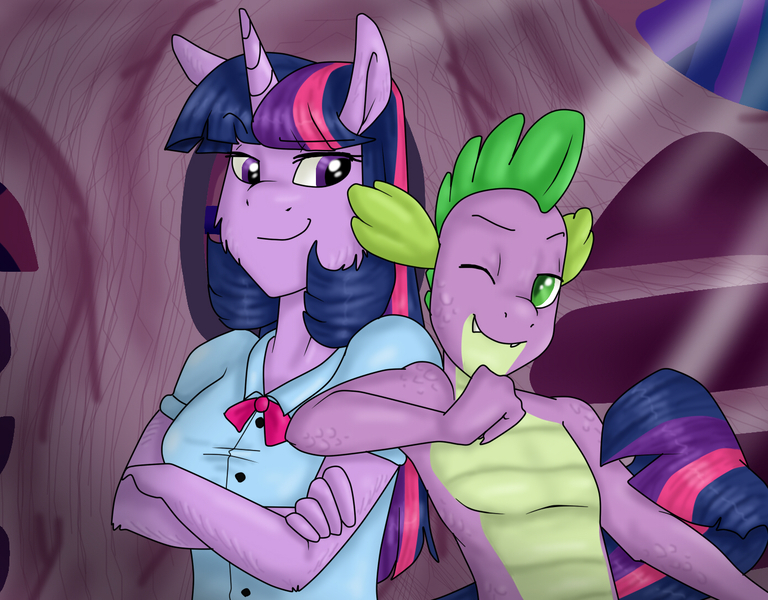 Size: 1388x1084 | Tagged: suggestive, artist:namygaga, derpibooru import, spike, twilight sparkle, anthro, double the fun, equestria girls outfit, female, male, shipping, straight, twispike