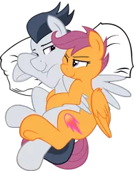 Size: 5379x6882 | Tagged: source needed, useless source url, suggestive, artist:dreamcasterpegasus, derpibooru import, rumble, scootaloo, pegasus, pony, :t, absurd resolution, bed, bedroom eyes, cuddling, cute, daaaaaaaaaaaw, eye contact, female, hug, male, older, pillow, rumbloo, shipping, side, smiling, sneaky hoof, snuggling, spooning, straight, underhoof, wink