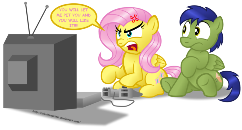 Size: 1024x550 | Tagged: artist:aleximusprime, derpibooru import, flutterrage, fluttershy, gamershy, gaming, oc, oc:glyde, safe, scared, simple background, television, transparent background, video game