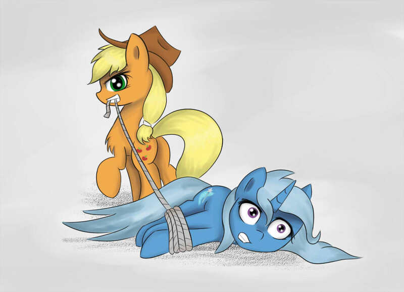 Size: 1000x723 | Tagged: applejack, applejack hogtying trixie, artist:irigulus, bondage, derpibooru import, hogtied, rope, safe, tied up, trixie