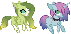 Size: 1024x498 | Tagged: safe, artist:ivyhaze, derpibooru import, oc, unofficial characters only, pegasus, pony, unicorn, blank flank, duo, earring, female, mare, simple background, spiked choker, transparent background