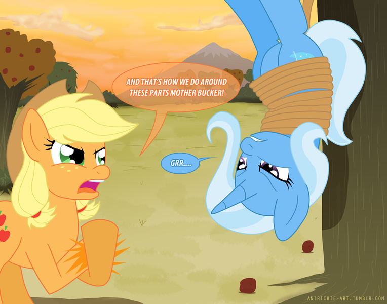 Size: 1018x800 | Tagged: applejack, applejack hogtying trixie, artist:ladyanidraws, comic, derpibooru import, rope, safe, trixie