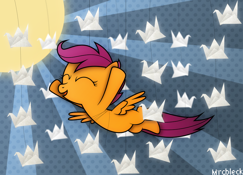 Size: 4151x3000 | Tagged: artist:mrcbleck, cute, cutealoo, derpibooru import, eyes closed, hanging, happy, paper, paper birds, safe, scootaloo, scootaloo can't fly, smiling, solo, string, strings, sun