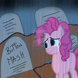 Size: 894x894 | Tagged: artist:carolinaa123, buttongate, button mash, cemetery, crying, derpibooru import, drama, grave, gravestone, implied death, pinkie pie, sad, safe, solo, tearjerker, watermark