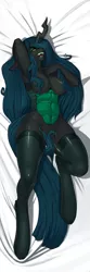 Size: 2953x8858 | Tagged: dead source, suggestive, artist:kevinsano, derpibooru import, queen chrysalis, anthro, changeling, changeling queen, unguligrade anthro, arm behind head, armpits, bed, breasts, clothes, covering, eyeshadow, female, godiva hair, hand on chest, legs, lipstick, makeup, on back, on bed, seductive look, seductive pose, sexy, solo, solo female, stockings, strategically covered, stupid sexy chrysalis, tail between legs, tail covering, thighs