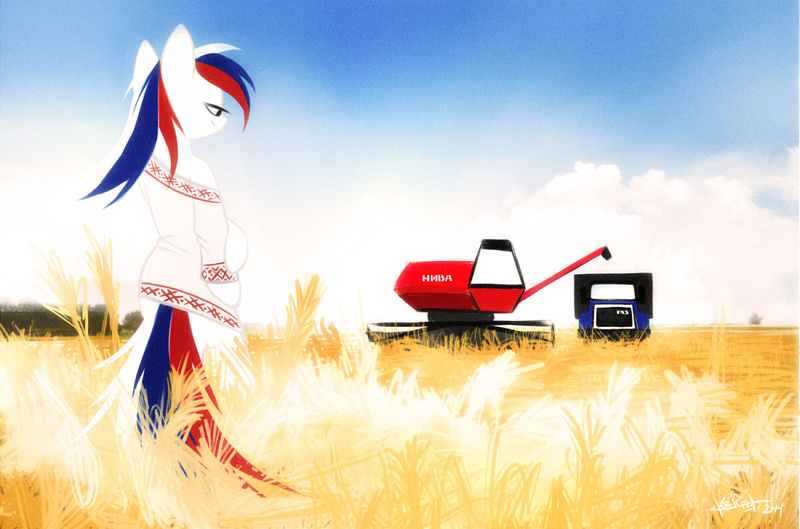 Size: 1200x793 | Tagged: safe, artist:kejifox, derpibooru import, oc, oc:marussia, unofficial characters only, pony, bipedal, clothes, combine harvester, field, food, nation ponies, russia, russian, solo, truck, wheat, wheat field