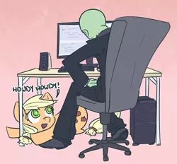 Size: 881x819 | Tagged: safe, artist:nobody, derpibooru import, applejack, oc, oc:anon, earth pony, human, pony, chair, clothes, computer, computer mouse, desk, dialogue, keyboard, monitor, open mouth, pants, prone, shirt, shoes, silly, silly pony, sitting, speakers, suit