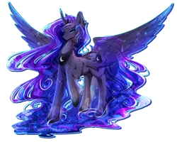 Size: 1916x1535 | Tagged: safe, artist:koveliana, derpibooru import, princess luna, chromatic aberration, color porn, lidded eyes, long mane, simple background, solo, spread wings