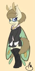 Size: 597x1200 | Tagged: artist:mrrowboat, belly button, bipedal, blushing, business suit, clothes, crossdressing, derpibooru import, glasses, male, mothpony, oc, oc:moon dust, original species, safe, semi-anthro, solo, stockings, suit, trap, unofficial characters only