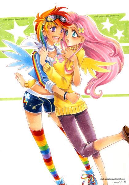 Size: 715x1023 | Tagged: safe, artist:meadow-rue, derpibooru import, fluttershy, rainbow dash, human, belly button, bike shorts, breasts, busty fluttershy, clothes, female, flutterdash, goggles, hug, humanized, lesbian, midriff, rainbow socks, shipping, socks, stockings, striped socks, sweater, sweatershy, winged humanization