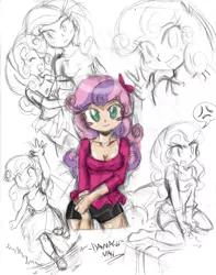 Size: 1275x1620 | Tagged: angry, artist:danmakuman, bed, blushing, breasts, cleavage, clothes, female, human, humanized, kneeling, looking at you, open mouth, peace sign, rarity, running, sketch, skirt, smiling, suggestive, sweetie belle, traditional art, waving