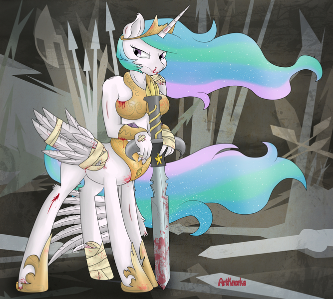 Size: 3000x2700 | Tagged: anthro, anthro centaur, artist:artknorke, bandage, blood, bound wings, breasts, centaur, derpibooru import, female, frown, glare, injured, nosebleed, pegataur, ponytaur, princess celestia, semi-grimdark, solo, sword, taur, weapon