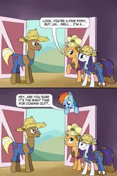 Size: 640x963 | Tagged: safe, artist:el-yeguero, derpibooru import, applejack, rainbow dash, rarity, trenderhoof, simple ways, appledash, applejewel, blushing, comic, female, hat, implied lesbian, lesbian, mud, overalls, rarihick, scene parody, shipping, straw hat