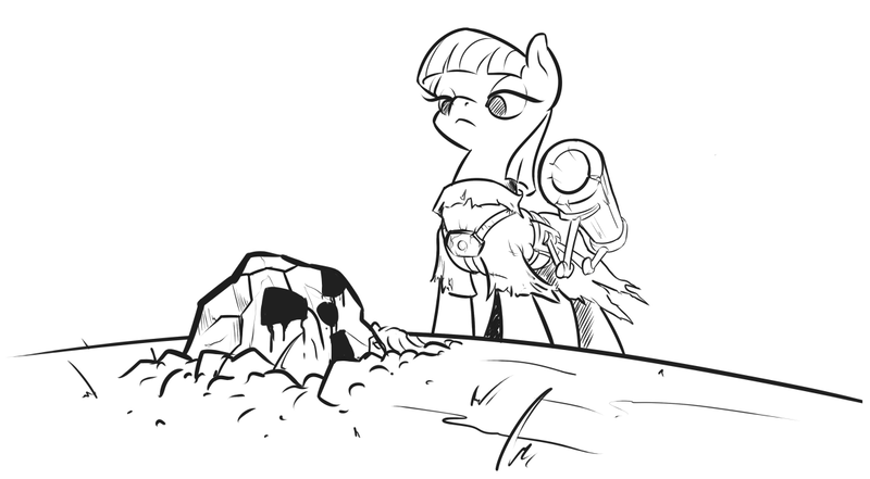 Size: 1176x649 | Tagged: artist:kalemon, derpibooru import, fallout equestria, maud pie, /mlp/, monochrome, safe, solo