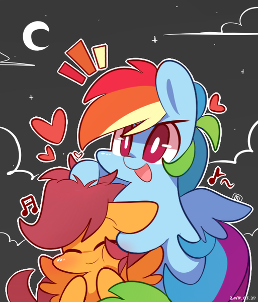 Size: 590x690 | Tagged: safe, artist:lifeloser, derpibooru import, rainbow dash, scootaloo, pegasus, pony, cute, duo, eyes closed, female, filly, heart, mare, moon, noogie, open mouth, scootalove, smiling