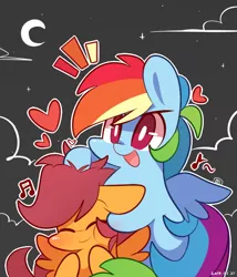 Size: 590x690 | Tagged: safe, artist:lifeloser, derpibooru import, rainbow dash, scootaloo, pegasus, pony, cute, duo, eyes closed, female, filly, heart, mare, moon, noogie, open mouth, scootalove, smiling