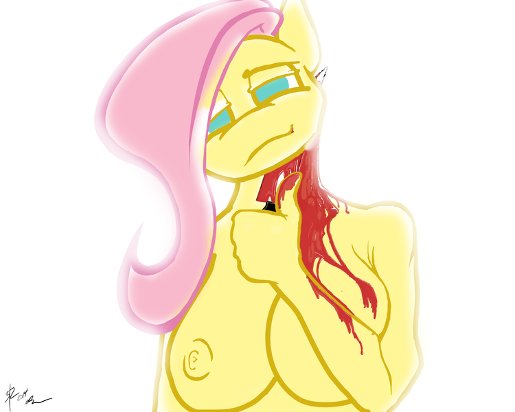 Size: 2500x2000 | Tagged: anthro, artist:threewontoo, blood, breasts, female, fluttershy, gore, grimdark, guro, knife, nipples, nudity, questionable, solo, solo female, suicide