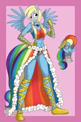 Size: 900x1350 | Tagged: anthro, artist:kloudmutt, bodysuit, breasts, busty derpy hooves, busty rainbow dash, clothes, derpibooru import, derpy hooves, dress, edit, female, gala dress, mask, masking, pony costume, ponyrumi, rainbow dash, rainbow dash suit, solo, suggestive