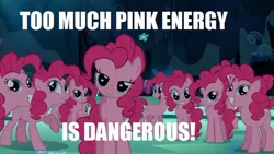 Size: 584x329 | Tagged: safe, derpibooru import, edit, edited screencap, screencap, pinkie pie, earth pony, pony, too many pinkie pies, caption, clone, female, image macro, linkara, mare, meme, multeity, pinkie clone, power rangers, reference, that cute clone, too much pink energy is dangerous