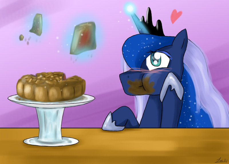 Size: 1050x750 | Tagged: artist:mlj-lucarias, cake, derpibooru import, eating, magic, mooncake, princess luna, safe, solo