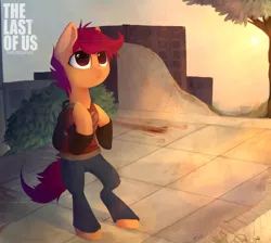 Size: 1900x1700 | Tagged: safe, artist:pfjerk, derpibooru import, scootaloo, pony, backpack, belt, bipedal, clothes, pants, parody, solo, sun, the last of us, tree